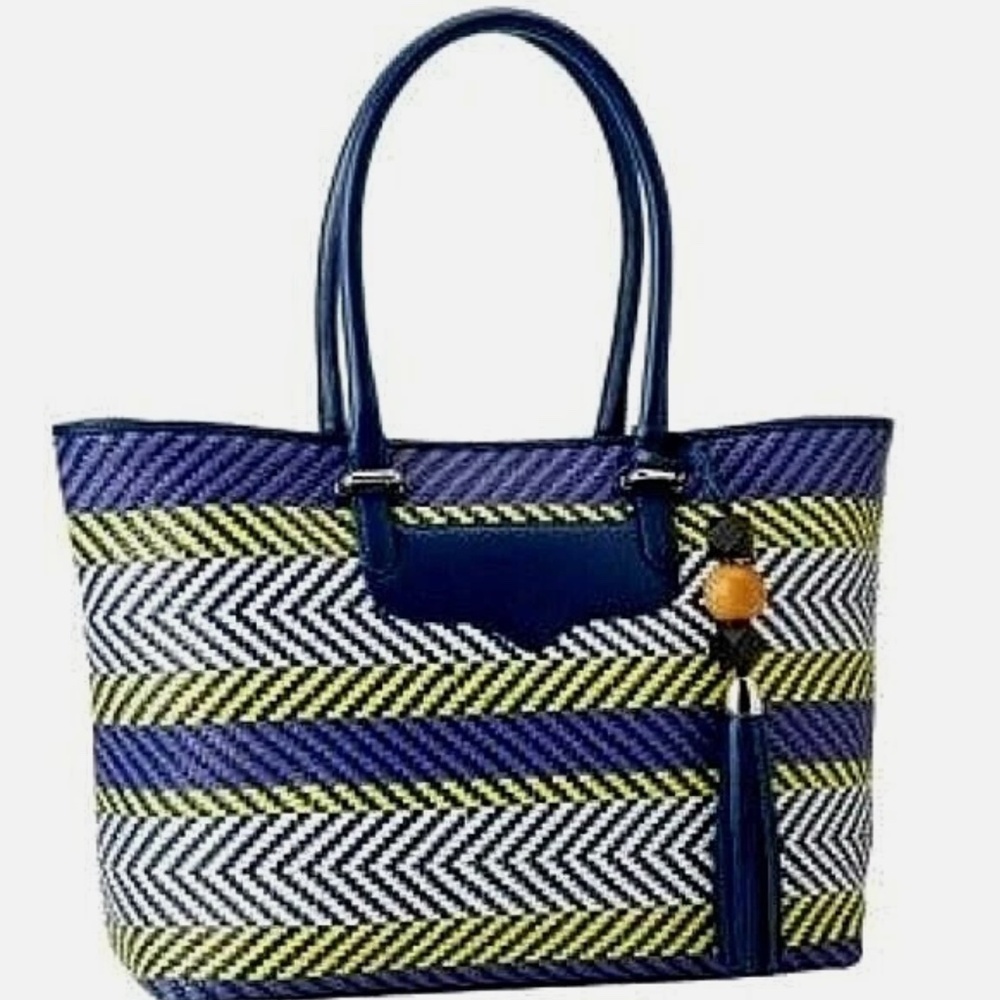 Rebecca Minkoff Perfection Blue Purple Stripe Weave Leather Lg Tote Bag